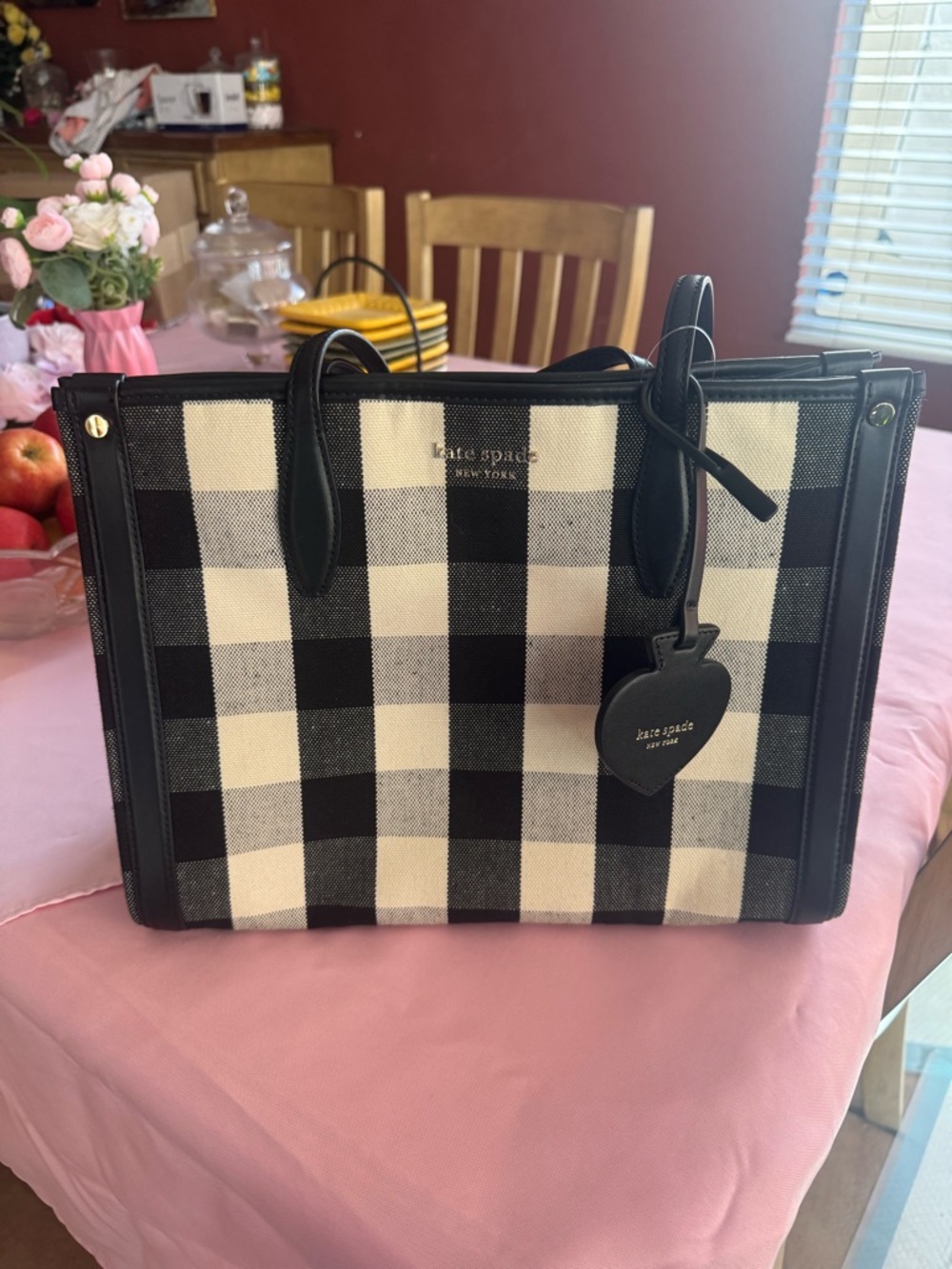 kate spade Black and White Gingham Tote with Heart Tag